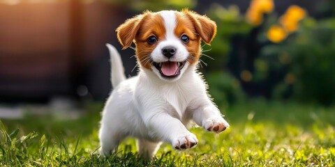 A joyful puppy bounds happily through lush spring grass.