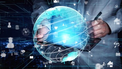 A business professional uses a digital tablet, surrounded by graphics depicting global connectivity and information flow, highlighting modern technology and innovation trends. Xenic
