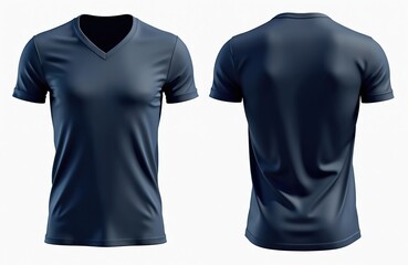Navy blue V-neck t-shirt, short sleeve design. Both front and back views shown for this casual apparel. Stretchy cotton textile perfect for everyday wear, sports, or fashion presentation.