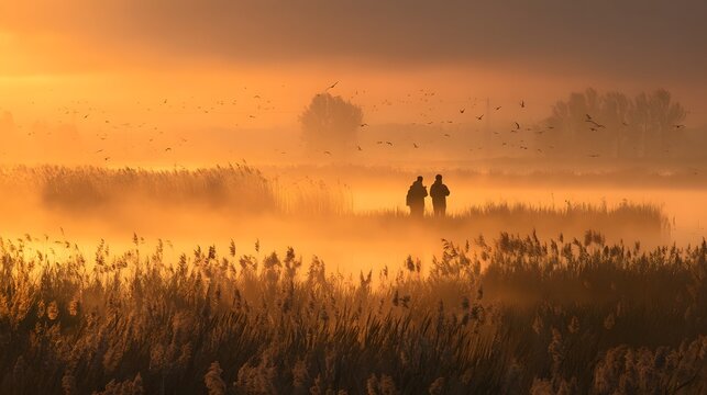 Misty wetland scene at sunrise with silhouetted birdwatchers