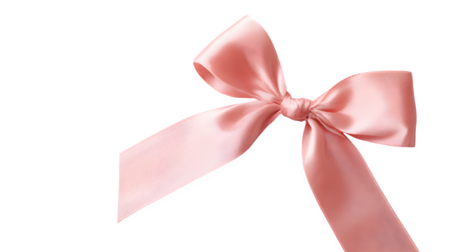 Soft pink ribbon tied into a bow on white background