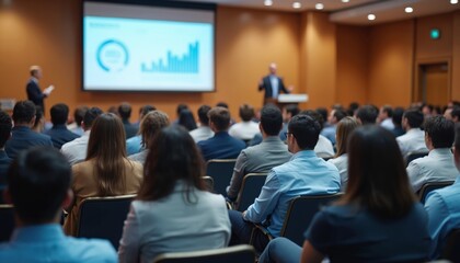 Business conference attendees listen to keynote speaker presenting data chart on large screen. Professionals in business attire fill conference room for educational seminar. Focus on learning,
