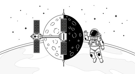 Obraz premium Astronaut Floating And Waving Beside Station And Half Moon In Space Scene