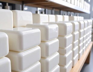 Fototapeta premium Stacked white soap bars on shelves
