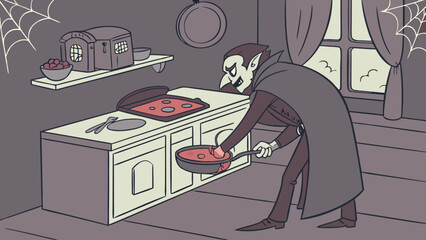 A cartoon vampire in a kitchen wearing a cape and suit is cooking something red in a pan with a pizza like dish on the counter
