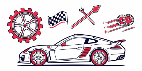 Modern race car design with gear, flag, tools, and speed elements evokes automotive excitement