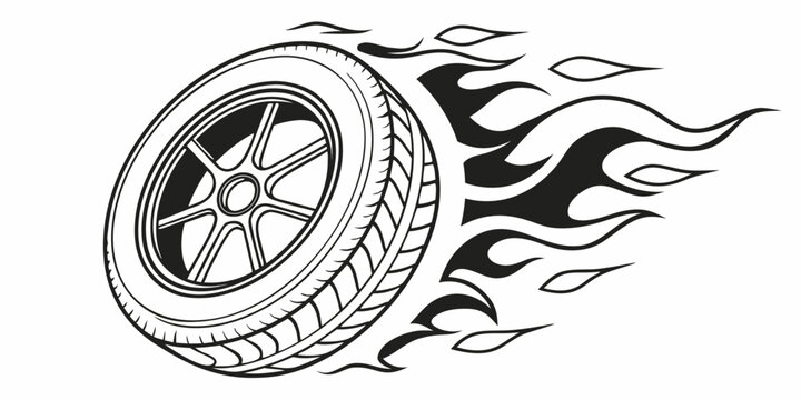 Dynamic tire with flames emblem design conveys speed and power for automotive branding or racing promotions