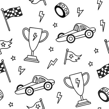 Exciting racing theme pattern with trophy, car, flag, lightning, star, and wheel for vibrant designs