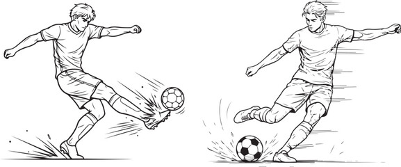 Black and white illustration of a soccer player kicking the ball, vector art
