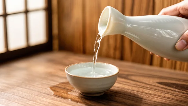 Hand Pouring Sake into Small Cup in Elegant Japanese Setting