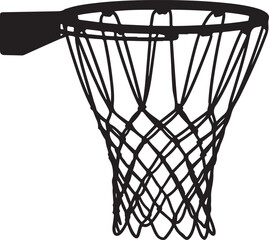 Black Silhouette of Hanging Basketball Net without Backboard, Isolated on White Background