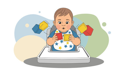 Fototapeta premium Baby Boy In Highchair Enjoying Playtime With Colorful Geometric Cubes