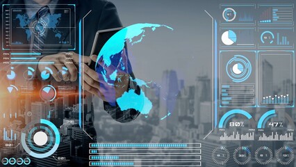 High-tech global network connection interface showing worldwide digital communication, data exchange, and internet connectivity. Global connection, data interaction, and worldwide communication. Thunk