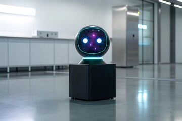 A futuristic robot with glowing eyes and a spherical head stands on a black cube in a modern hall, representing the convergence of ai and design