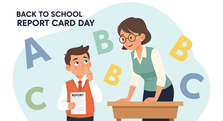 Back To School Report Card Day Between Teacher And Student Illustration