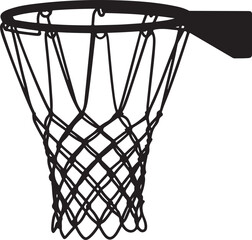 Black Silhouette of Hanging Basketball Net without Backboard, Isolated on White Background