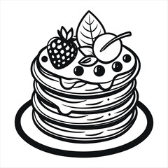 Stylized black and white illustration of a stack of pancakes with berries and mint