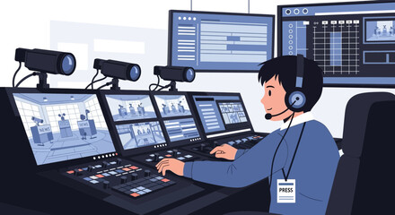 Behind the Scenes: Broadcast Engineer in a Television Studio Control Room Controlling Video Output