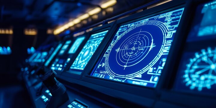 A striking blue display illuminates the ship's captain's bridge radar.