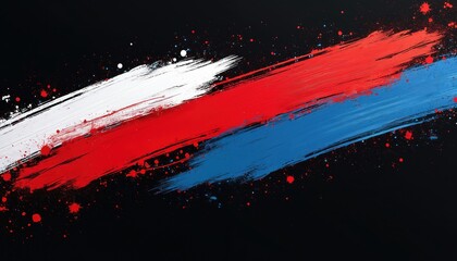 Abstract background with grunge brush strokes in red, white, blue. Features paint splatters, textured, grainy effect. Vibrant illustration suitable for posters, banners, designs related to sports,