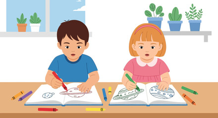 Boy And Girl Drawing Space Planets Together at The Table Indoors Vector