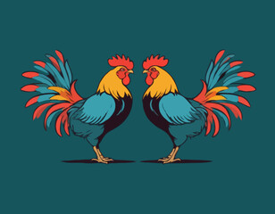 Two fighting roosters peck each others head in cockfights image vector.