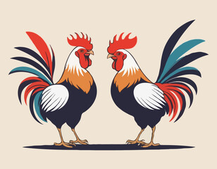 Two fighting roosters peck each others head in cockfights image vector.