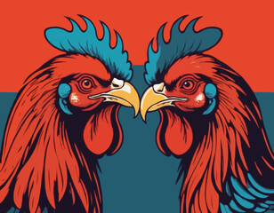 Two fighting roosters peck each others head in cockfights image vector.