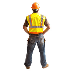 Construction worker conducts a safety check before the start of the workday. full length isolate on transparent background