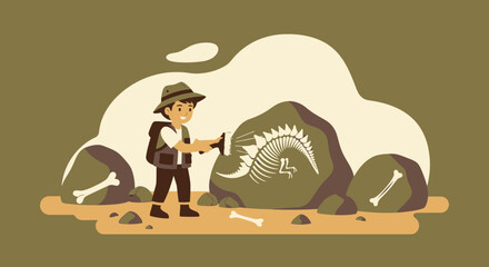 Boy Discovering Dinosaur Fossils in a Cave, Exploring with a Flashlight in Adventure