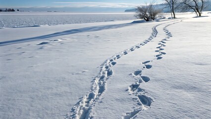 Footprints Across a Vast White Expanse: A Tranquil Winter Scene of Snow-Covered Landscape and Bare Trees Under Bright Sky.