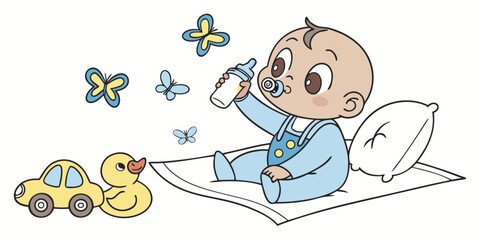 Adorable baby enjoying a bottle surrounded by colorful butterflies and toys for a charming childhood memory