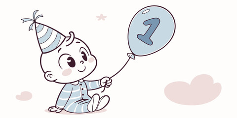 Adorable baby celebrates first birthday with balloon and party hat ready for invitations