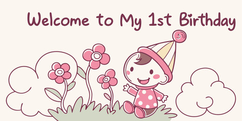 Adorable first birthday celebration illustration with cheerful baby and whimsical flowers and clouds