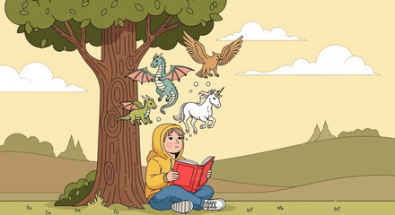 Fototapeta premium Boy Dreaming Of Mythical Creatures While Reading A Book Under A Tree