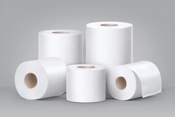 White empty toilet paper rolls stand and lay. Realistic vector illustration set of template for wc or kitchen towel tape on tube for hygiene and care. Blank soft scroll loo bathroom product mockup