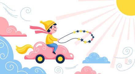 Boy Driving a Cloud Car with Stars in a Fantasy Sky Illustration