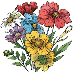 Colorful Floral Arrangement with Intricate Line Work A Cheerful Bouquet of Diverse Wildflowers in Vivid Tones