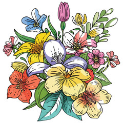 Colorful Floral Arrangement with Diverse Blooms and Lush Greenery Depicting a Vibrant Garden Composition in a Decorative Style