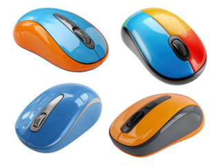 Four colorful wireless computer mice arranged against a plain white background.