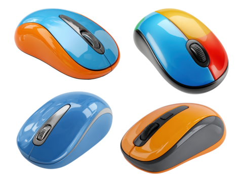 Four colorful wireless computer mice arranged against a plain white background.