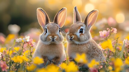 Fototapeta premium Two playful rabbits in a blooming spring meadow