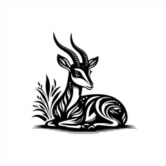 Stylized black and white illustration of a gazelle resting in tall grass