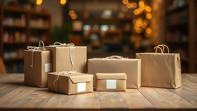 Neatly arranged package boxes on a wooden table, symbolizing shopping and delivery.