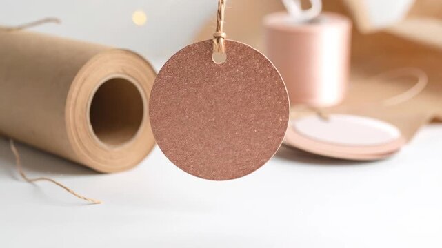 An arrangement featuring a roll of paper, blank tags with twine, and a spool of thread, all in muted tones