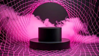 Black Podium Display with Pink Mesh and Vaporous Clouds
