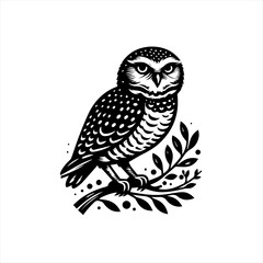 Stylized black and white illustration of an owl perched on a branch with leaves