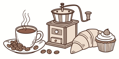 Delightful coffee break with fresh brew, pastry and cupcake for a sweet moment of indulgence
