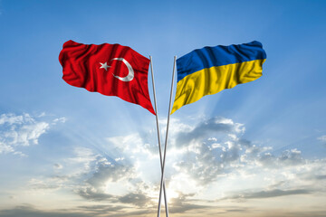 Waving National flag of Ukraine and flag of Turkey for international unity