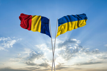 Waving National flag of Ukraine and flag of Romania for international unity